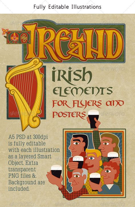 Ireland: Set of Modern Traditional Irish Graphics  #GraphicRiver         St. Patrick’s Day in Ireland is always a time of colorful celebration. Here is a set of fun elements to use in any Irish related theme. The letters, motifs and illustration are basically traditional but given a modern twist. The harp is golden, and the men are holding up their glasses of Guinness.  	 The PSD is fully layered with each large 300dpi illustration converted to a Smart Object and placed as you see in the pre... Irish Breakfast, The Harp, Fashion Banner, Music Illustration, Irish Music, Restaurant Menu Design, Irish Pub, Irish Traditions, Vintage Lettering