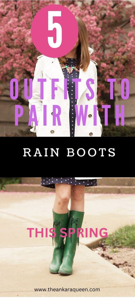 A young white woman wears a polka dot dress paired with a white jacket and a pair of mid calf green rain boots. How To Wear Rain Boots, Boots Spring Outfit, Boots With Pants, Rainboots Outfit, Rain Boot Outfit, Tall Rain Boots, Boots Outfits, Ankle Rain Boots, Outfits Dresses