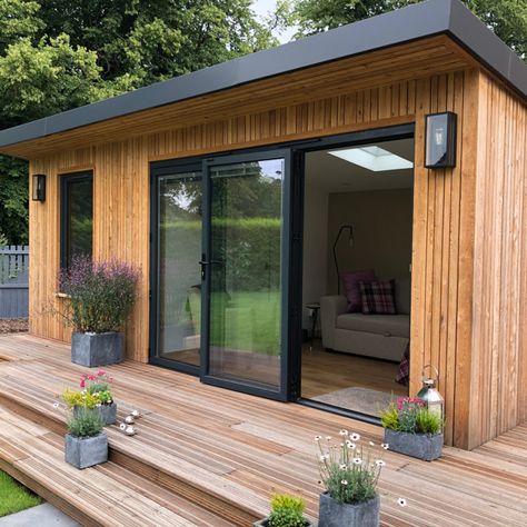 Home In Garden, Studio Garden Room, Home Office Outbuilding, Bunkie Home Office, Summer House Patio Ideas, Outdoor Garden Buildings, Garden Room With Patio, Office In The Garden, Home Office Outside