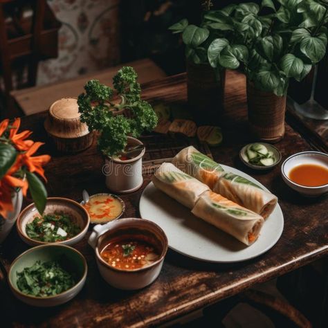 Traditional Vietnamese Cuisine Fresh Spring Rolls with Herb Accompaniments and Sauces on Rustic Table Setting stock photography Image Of Fish, Rustic Table Setting, Fresh Spring Rolls, Vietnamese Cuisine, Rustic Table, Spring Rolls, Fish Dishes, Table Setting, Stock Photography