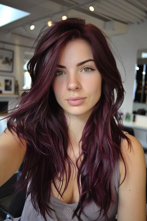 34 Black Cherry Hair Color Ideas We're Completely Obsessed With Right Now Black Hair With Magenta Highlights, Cherry Red Hair Pale Skin, Burgundy And Purple Hair, Solid Hair Color Ideas For Brunettes, Dark Violet Hair Burgundy, Sangria Hair Color, Black Hair With Red Tint, Cherry Cola Hair Color Brunettes, Dark Red Violet Hair