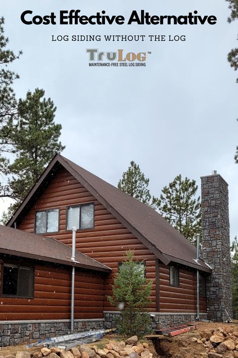 Get the cabin look of your dreams just without the maintenance with TruLog Steel Siding. You can save thousands without having to paint or stain your logs every other year. #fauxwood #westerncedar #trulogsteelsiding #loghomes #cabinlife #maintenancefree #steelsiding #26gauge #firerated #impactrated #rustic Cabin Siding, Log Decor, Log Homes Exterior, Log Cabin Exterior, Timber Logs, Steel Siding, Rustic Log Cabin, Log Siding, Cabin Inspiration