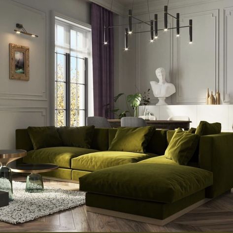 Olive Couch Living Room, Velvet Couch Living Room Ideas, Olive Green Couch, Green Couch Living Room, Neoclassical Interior Design, Green Sofa Living Room, Neoclassical Interior, Creative Wall Art, Wall Art Ideas