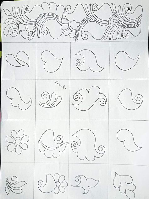 Basic Mehndi Shapes For Beginners, Mehndi Learning, Practice Henna, Mehndi Book, Mehendi Course, Finger Mehendi Designs, Scrollwork Pattern, Beautiful Simple Mehndi Design, Mehndi Flower