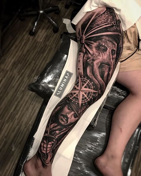 Pirate Tattoo Leg, Pirate Tattoo Sleeve, Ship Tattoo Sleeves, Nautical Tattoo Sleeve, Astronaut Tattoo, Full Leg Tattoos, Black Art Tattoo, Pirate Tattoo, Realistic Tattoo Sleeve