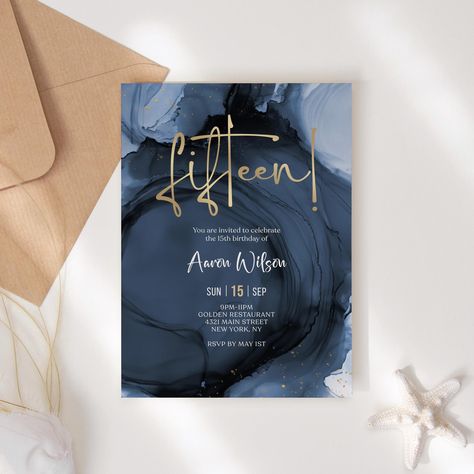 Blue Navy Gold 15th Fifteen Birthday Invitation Template, Printable Boy Birthday Party Invite, Editable Surprise Invite, Email Text Message by MagicalEventCo on Etsy Fifteen Birthday, Fourteenth Birthday, Fifteenth Birthday, Seventeenth Birthday, Thirteenth Birthday, Surprise Birthday Invitations, Sixtieth Birthday, Eighteenth Birthday, Forty Birthday