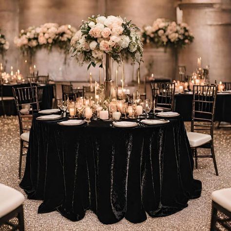 Elegant Black Crushed Velvet Round Table Cloth-  Size- 90”,  108”, 120” Table Decor With Black Tablecloth, Black Velvet Tablecloth Wedding, Black Table Cloth Wedding, Chantelle Wedding, Wedding Shopping List, Black Tablecloth Wedding, Noir Wedding, Round Wedding Tables, Gold Runner