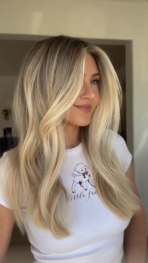 Natalie McKell | Effortless Cut & Color #Bronde #livedincolor #hairgoals #lob | Instagram Stretch Root Blonde, Emma Mcdonald Hair, Lowlights To Blonde Hair, Low Lights Vs Highlights Blonde, Long Bangs Blonde Hair, Haircut For Blondes, Subtle Lowlights For Blondes, Type Of Blonde Hair, Blonde Hair Medium Length Layers