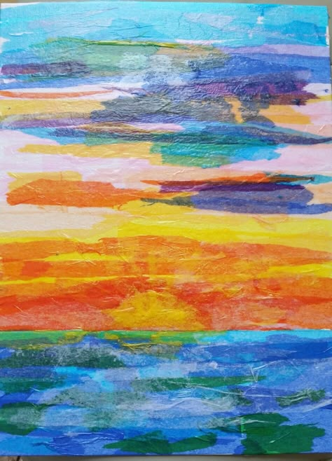 Sunset tissue paper collage, at home Tissue Paper Landscape, Tissue Paper Collage Art Ideas, Tissue Paper Art For Adults, Tissue Paper Collage Art, Collage Sunset, Reflection Room, Sunset Collage, Tissue Paper Collage, Tissue Paper Painting