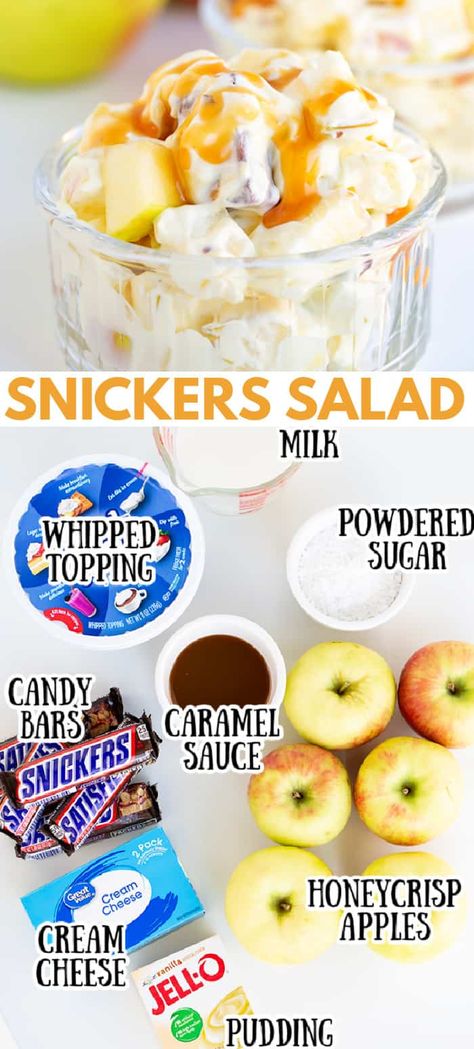 Fruit Salad With Snickers, Snickers Apple Dessert, Snickers Apple Salad With Cream Cheese Cool Whip, Snickers Salad With Pudding, Apple Caramel Salad, Snickers Apple Salad With Pudding, Caramel Apple Salad Snickers, Candy Apple Salad Recipe, Snickers Apple Salad With Cream Cheese