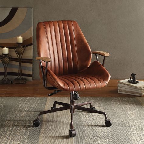 Greyleigh Leonardo Genuine Leather Task Chair & Reviews | Wayfair Brown Office Chair, Brown Office, High Back Office Chair, Adjustable Chairs, Modern Office Chair, Swivel Office Chair, Office Inspo, Executive Office Chairs, Acme Furniture