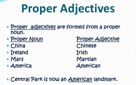 English Grammar A To Z: What Is a Proper Adjective? Proper Adjectives, Proper English Grammar, American Landmarks, Proper English, Proper Nouns, English Class, A To Z, The Martian, English Grammar