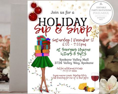 Holiday Sip-&-Shop Christmas Flyer, Editable Shopping Flyer, Christmas Open House Business Flyer, Edit and Print Instantly - No Waiting! Sip And Shop, Christmas Invite, Christmas Flyer Template, Christmas Open House, Invitation Flyer, Christmas Flyer, Christmas Invitations, Christmas Wine, Event Flyer