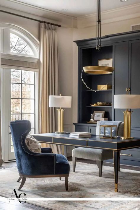 21 Best Paint Colors for Home Office Ideas 2024 - Adore Charlotte Blue Gray Office Cabinets, Best Office Cabinet Color, Cyberspace Sherwin Williams Office, Painted Office Cabinets, Home Office Painting Ideas, Blue Home Office Design, Blue Office Paint Colors, Office Cabinet Colors, Home Office Color Palette Ideas