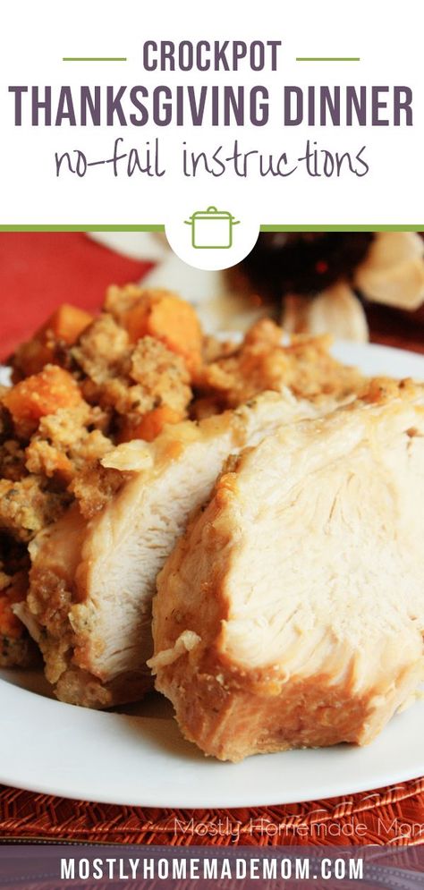 Crockpot Thanksgiving Dinner – Boneless turkey breast slow cooks with sweet potatoes, carrots, celery and cornbread stuffing. The perfect, EASY way to enjoy Thanksgiving dinner with your family! Full recipe with video instructions! Turkey Dinner Crockpot Recipes, Thanksgiving Dinner In A Crockpot, Turkey Dinner Crockpot, Thanksgiving In The Crockpot, Turkey Stuffing Crockpot, Crockpot Turkey Dinner, Turkey Breast And Stuffing Crockpot, Turkey And Stuffing Crockpot, Crockpot Turkey And Dressing