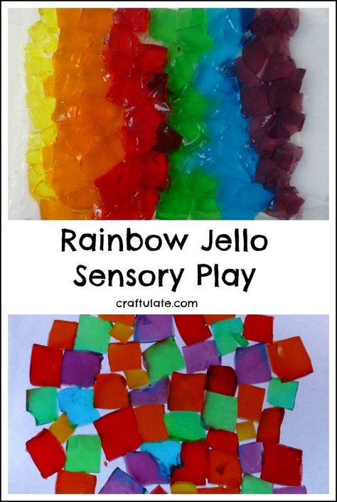 Rainbow Jello Sensory Play - a fun (and edible) sensory experience for kids! Jello Sensory Play, Edible Sensory, Sensory Bin Play, Rainbow Jello, Shelter Ideas, Easy Crafts To Sell, Budget Crafts, Sensory Activity, Baby Activities