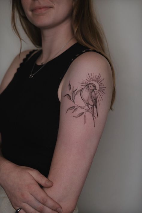 Artist Daria Iatskevich @birdy.ink on instagram #tattoobird #tattoogirl #tattoobranch #tattooleaves #tattoodesign #tattooartist #blacktattooart #inked Shrike Bird Tattoo, Shrike Tattoo Hozier, Shrike Tattoo, Robin Tattoo, Olive Branch Tattoo, Tattoo Bird, Branch Tattoo, Bird On A Branch, Hozier