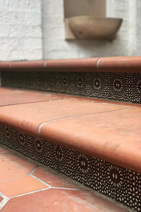 Terracotta Stairs, Dog Water Bowl, Tile Steps, Patio Projects, Dog Water Bowls, Front Steps, Mexican Tile, Spanish Tile, Stair Risers