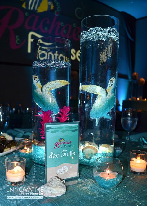 Under The Sea Quinceanera Theme, Sea Wedding Theme, Beach Centerpieces, Underwater Party, Bat Mitzvah Themes, Turtle Baby Shower, Under The Sea Decorations, Mitzvah Themes, Aquarium Wedding