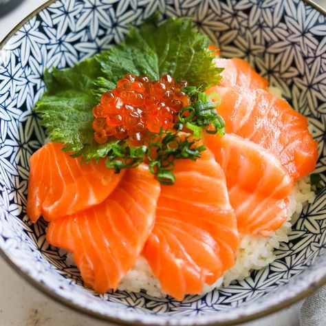 Salmon Sashimi Donburi (Rice Bowl) • The Heirloom Pantry Salmon Donburi Rice Bowls, Salmon Sashimi Bowl, Salmon Donburi, Crispy Rice Squares, Sashimi Bowl, Rice Crispies Recipe, Japanese Appetizers, Japanese Rice Cake, Japanese Rice Bowl