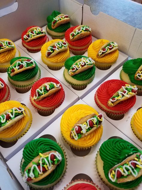 Taco Cupcakes Birthday, Taco Themed Cupcakes, Mexican Cupcakes Decoration, Fiesta Theme Cupcakes, Mexican Theme Cupcakes, Taco Cake Ideas, Nacho Cupcakes, Mayo Cupcakes, Mexican Cupcakes