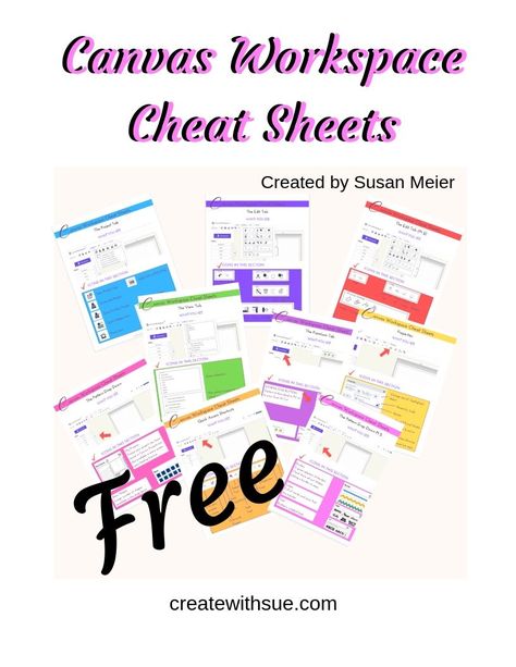 Canvas Workspace Cheat Sheets ~ Create With Sue - Let's Create Craft Canvas Workspace Tutorial, Canvas Lms Tips And Tricks, Canva Cheat Sheet, Aesthetic Origami, Canvas Learning Management System, Cute Paper Crafts, Canvas Lms, Canva Creations, Craft Ideas For Beginners