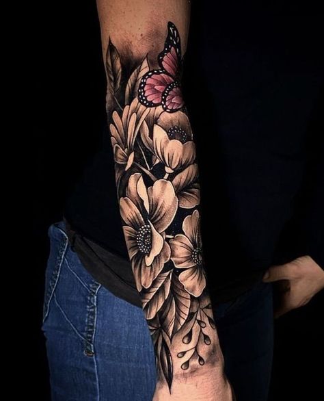 Arm Tattoos For Women Flowers, Butterfly And Flower Tattoo Sleeve, Best Feminine Tattoos, Butterfly And Flower Tattoo, Bday Tattoo, Beautiful Flower Tattoos, Tattoos For Women Flowers, Butterfly And Flower, Flower Tattoo Sleeve