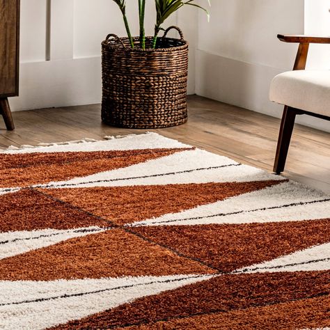 Foundry Select Castlebourne Diamond Tasseled Shag Performance Area Rug in Rust/Ivory & Reviews | Wayfair Large Living Room Rugs, Area Rug For Living Room, Living Room Area Rugs, Rug For Living Room, Shag Area Rug, Boho Living, Small Area Rugs, Boho Living Room, Large Living Room