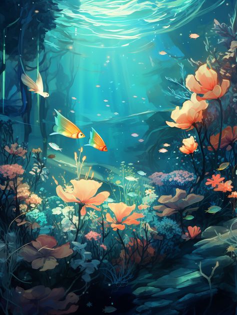 Underwater Garden Art, Underwater Mermaid Art, Fantasy Underwater Art, Underwater Illustration Art, Underwater Art Illustration, Underwater World Illustration, Underwater Art Painting, Underwater World Art, Under Water Art