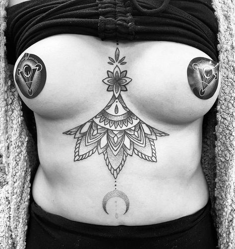 Sternum Geometric Tattoo, Sternum Mandala Tattoo Women, Sternum Jewel Tattoo, Sternum Dotwork Tattoo, Mandala Sternum Tattoo, Underboob Tattoo, Sternum Tattoo, Compass Tattoo, Color Theory