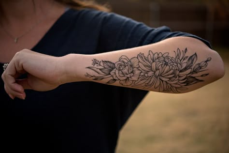 Floral Sleeve Forearm Tattoo, Outer Arm Flower Tattoo, Hydrangea Forearm Tattoo, Posterior Forearm Tattoo, Rose Chrysanthemum Tattoo, Flowers On Forearm Tattoo, Chrysanthemum Forearm Tattoo, Botanical Forearm Tattoo, Chrysanthemum And Rose Tattoo