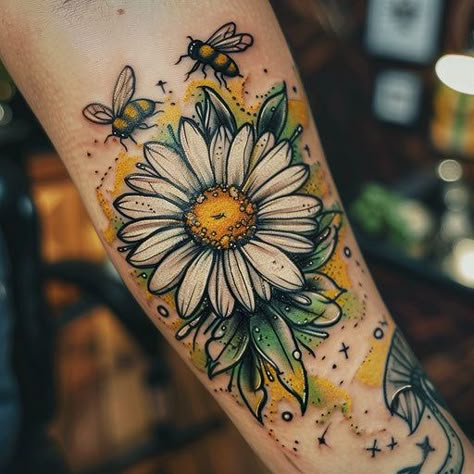 April Birth Flower Tattoo Blueprint Collection Gerber Daisy Tattoo Color, Birth Flowers Tattoos, Flower Sleeve Tattoo Stencil, Elbow Pit Tattoo, Floral Sleeve Tattoo Color, Bee With Flowers Tattoo, Mom Inspired Tattoos, Unique Sunflower Tattoos For Women, Clock Tattoos For Women