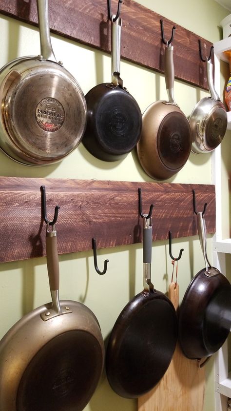 Pan Hooks Kitchen Hanging Pots, Frying Pan Storage Ideas, Hanging Cast Iron Pans, Frying Pan Storage, Pans Organization, Pantry Dimensions, Pan Hanger, Kitchen Wishlist, Spice Kitchen