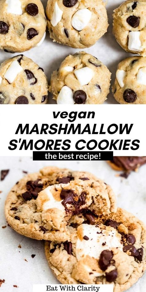 These vegan and gluten free marshmallow s'mores cookies are easy to make, buttery and perfectly chewy. They have crispy edges and taste like an indulgent vegan chocolate chip cookie with gooey marshmallows. The perfect one bowl cookie recipe! #vegancookies Vegan Smores Cookies, Easy S’more Cookies, S’mores Marshmallow Treats, S’mores Cookie, Gluten Free S’mores Cookies, Vegan S’mores Cookies, Vegan Smores, Smores Dessert, Vegan Marshmallows