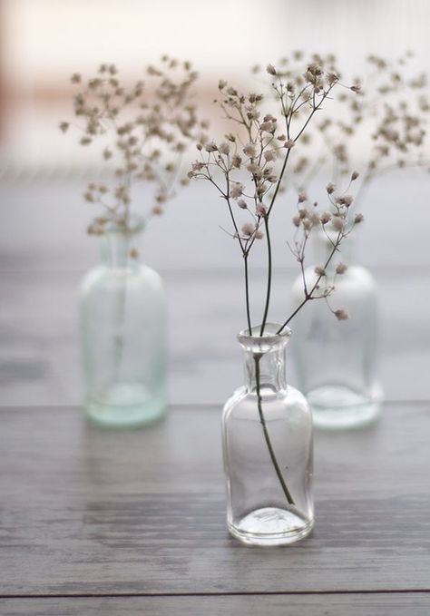 Antique Bottles filled with Baby's Breath | On the Horizon – Elegant Coastal Wedding Inspiration in Seaglass and Grays Vases With Flowers, Coastal Wedding Inspiration, Babies Breath, Simple Centerpieces, Vintage Bottles, Coastal Wedding, Glass Vases, The Table, Flower Power