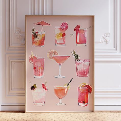 - New With Tags - Unframed - Measurements Are In Inches Pink Bar Cart, Girly Dorm Decor, Pink Wall Art Prints, Anthropologie Art, Happy Hour Print, Mini Alcohol Bottles, Martini Poster, Watercolor Kitchen, Cocktail Rose