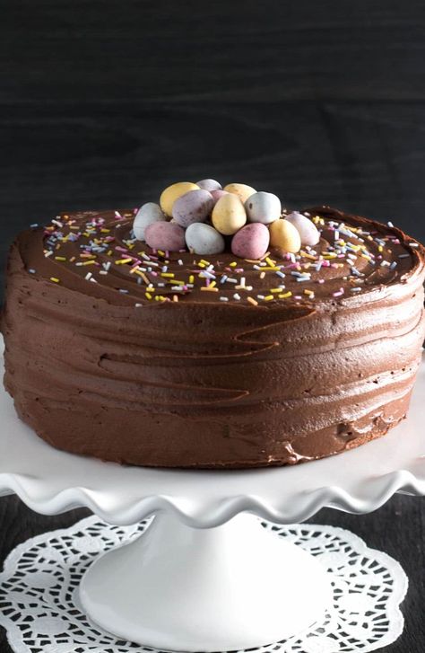 This recipe for Yellow Celebration Cake with Chocolate Frosting makes an extra light and fluffy version of this simple classic - topped with mini eggs, it's a showstopping Easter cake or with simple sprinkles, it's a traditional birthday cake. Easter Meal Ideas, Easter Birthday Cake, Easter Cake Designs, Easter Desserts Cake, Mini Eggs Cake, Desserts Easter, Cute Easter Desserts, Easter Cake Decorating, Chocolate Easter Cake