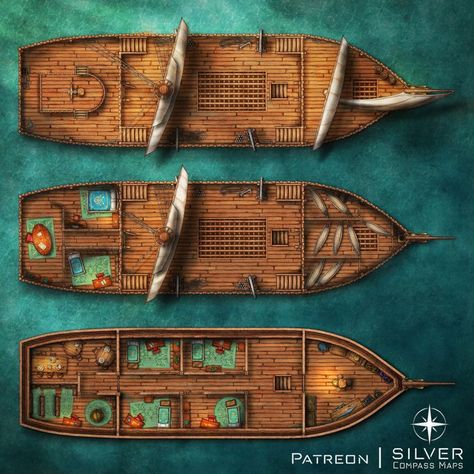 A dnd battlemap of a three-floored sailing ship equipped with cannons, cabins, and a kitchen. D&d Boat Map, Dnd Boat Map, Boat Battlemaps, Boat Battle Map, Ship Maps Dnd, Dnd Ship Battle Map, Dnd Pirate, Pirate Ship Design, Dm Tools