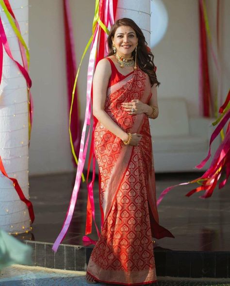 Kajal aggarwal in a red kshitij jalori saree for godbharai 1 Bollywood Designer Sarees, Kajal Agarwal, Red Saree, Art Silk Sarees, Blouse For Women, Silk Sarees Online, Saree Look, Indian Fashion Dresses, Traditional Sarees