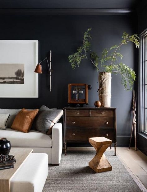 20 Dark and Moody Living Room Decor Ideas » Lady Decluttered Dark Moody Living Room, Black Walls Living Room, Dark Walls Living Room, Moody Home Decor, Masculine Living Rooms, Sean Anderson, Moody Living Room, Dark Living Rooms, Black Living Room