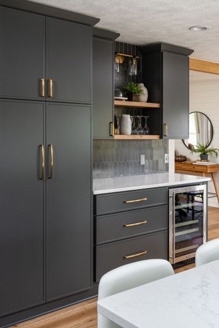 Dark Grey And Gold Kitchen, Black And Gold Cabinets Kitchen, Black And Gold Kitchen Cabinets, Gray And Gold Kitchen, Grey And Gold Kitchen, Plain Kitchen Cabinets, Kitchen Cabinets Black And White, Kitchen Cabinets Painted Grey, Gold Kitchen Hardware