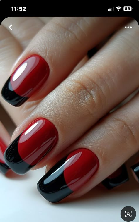 Red Black Tip Nails, Black And Red French Nails, Red Nails With Black French Tip, Red Nails Black Tips, Red Nails With Black Tips, Black And Red French Tip Nails, Red And Black Nails Ideas, Georgia Nails, Dark Red Nail Art