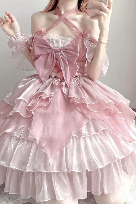 Pink Multi-layer Ruffle Hanayome Bowknot Sweet Elegant Princess Gorge – LolitaInside Pink Princess Dress Fairytale, Elegant Pink Outfit, Pink Cottagecore Dress, Princesscore Dresses With Ruffles For Cosplay, Pink Playful Princess Dress With Ruffles, Pink Victorian Dress With Ruffles, Playful Pink Ruffled Fairy Dress, Pink Princess Dress, Princess Clothes