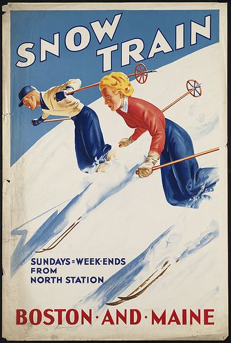 Snow train. Boston & Maine. Couple Skiing, Snow Train, Skiing Mountains, Winter Club, Ski Vintage, Vintage Ski Posters, Train Posters, Ski Posters, Boston Public Library