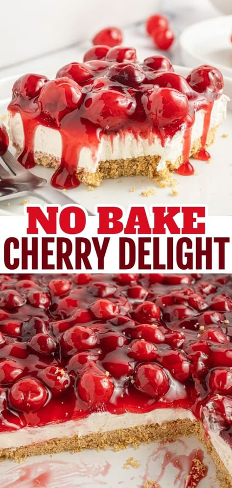 Cherry Delight is an easy no bake dessert with a graham crumb base, cream cheese and Cool Whip filling and topped with canned cherry pie filling. Cherry Delight Pie, Cherry O Cream Pie, Easy No Bake Cherry Delight, Classic Cherry Delight Dessert, Cherry Pie Cream Cheese Recipe, Cherry Breeze Dessert, No Bake Cherry Delight 12 Tomatoes, No Bake Cherry Pie Filling Desserts, No Bake Whipped Cream Dessert