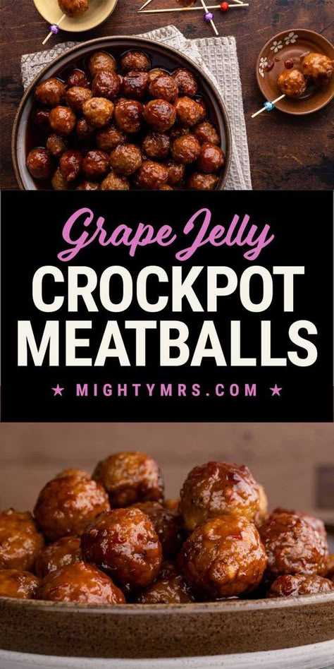 All you need is 3 ingredients to make these crockpot grape jelly meatballs! Everyone loves this super easy appetizer! Start with frozen meatballs, add concord grape jelly and chili sauce. So simple! The sweet and spicy glaze is so delicious! Everything slow cooks in the crockpot. Serve with toothpicks or a slotted spoon. Perfect for football or holiday parties. Great for camping too. If you don't have a crockpot, you can make these yummy meatballs on the stovetop as well. Meatballs With Grape Jelly And Chili, Sweet Meatballs Crockpot, Spicy Meatballs Crockpot, Grape Meatballs, Grape Jelly Chili Sauce, Sweet Meatballs, Grape Jelly Meatballs Recipe, Concord Grape Jelly, Crockpot Meatballs