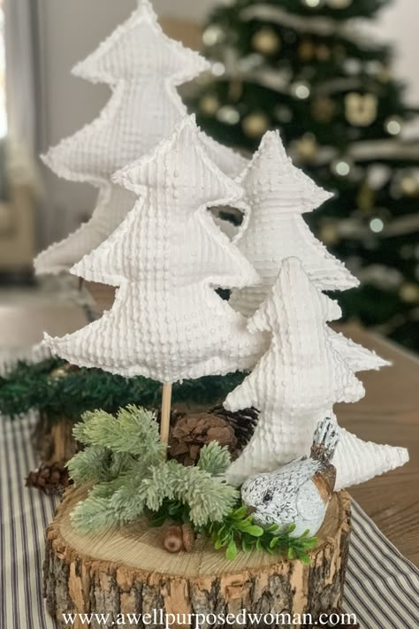 Do you have a chenille bedspread with a hole or stain on it? Here's how to make Chenille Christmas trees before you send it off to a thrift store. Chenille Christmas trees are a beautiful addition to your Christmas decor! There is a free pattern to make your own Chenille Christmas Trees in this post. Check out how easy it is to make these Chenille Christmas trees. #christmastreecraft #chenillebedspread #chenillecrafts #chenilleblanket  #chenillechristmastrees Come Christmas Trees, Chennile Christmas Trees, Fabric Christmas Tree Pattern Free, Fabric Christmas Tree Pattern, Chenille Christmas Trees Diy, Fabric Trees, Chenille Ornaments Diy, Chenille Snowman Diy, Fabric Christmas Trees Diy