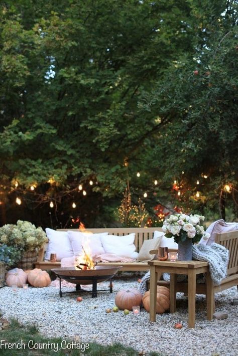 How to transition your home from summer to autumn - French Country Cottage Country House Outdoor Lighting, French Country Fire Pit, Cottage Garden Fire Pit, Country Fire Pit Ideas, Cottage Fire Pit, Fall Fire Pit, Fall Patio Decor, Heirloom Pumpkins, Autumn Ambiance