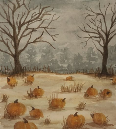 Fall Art Colored Pencil, October Aesthetic Painting, Vintage Halloween Painting Ideas, Downtown Painting Ideas, Pumpkin Patch Watercolor Painting, Cottage Core Watercolor Paintings, Watercolor Painting Fall, Cozy Fall Paintings, Fall Art Sketches