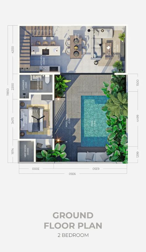 Dasa Uluwatu 2 Bedroom - Balitecture Small Villa Plan, Small Beach House Plans, Villa Layout, Resort Room, Bali Architecture, Bali Villa, Pool Villa, Villa Plan, Mediterranean Design